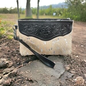REAL Cowhide Leather Wristlet ~ White & Silver Fur